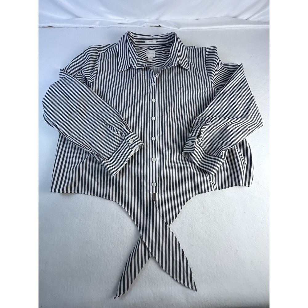 Chicos Shirt Womens 3 US XL No Iron Striped Button Tie Nautical Sailor Coastal